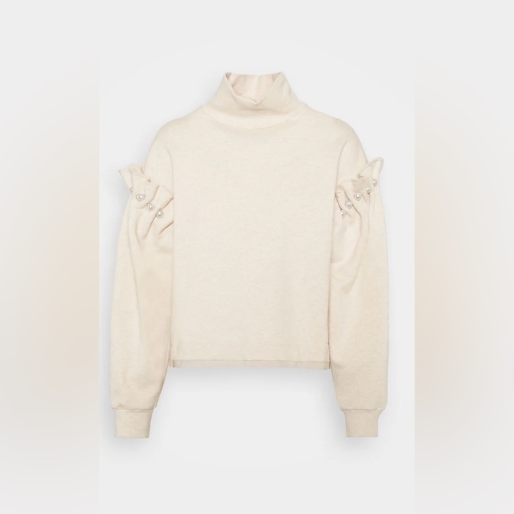 Mother of Pearl Cream Turtleneck Sweatshirt with Pearl-Detail Sleeves
